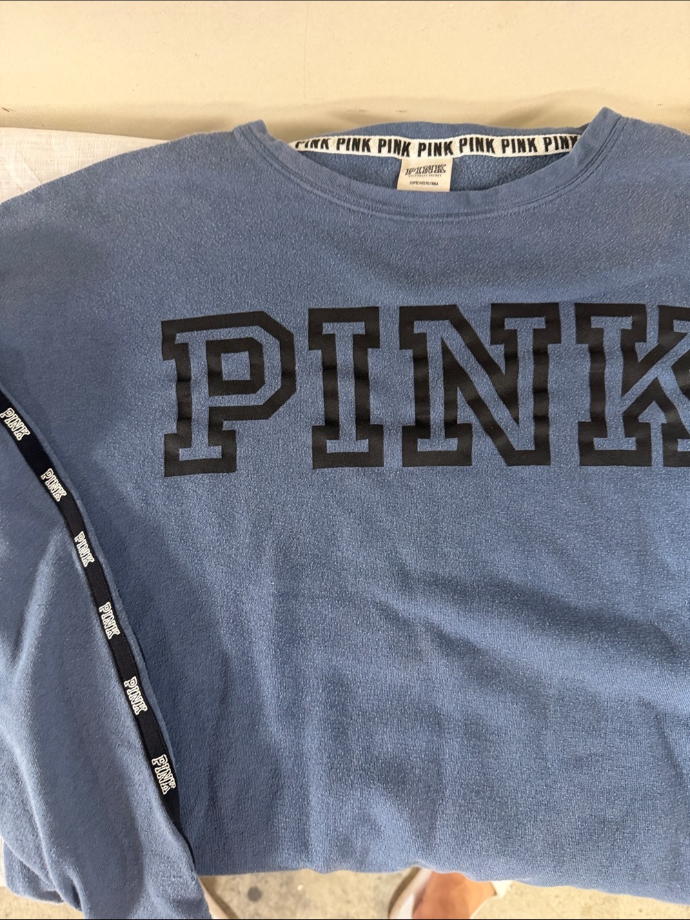 PINK Victoria's Secret Men's Crewneck Sweatshirt - Dusty Blue with Black Logo
